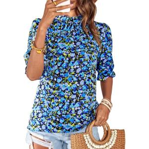 imageBTFBM Womens Summer Boho Shirt Top Ruffle Short Sleeve Frill Trim Mock Neck Floral Solid 2025 Casual Blouses Shirts TopsFloral Bright Blue