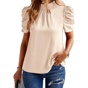 imageBTFBM Womens Summer Boho Shirt Top Ruffle Short Sleeve Frill Trim Mock Neck Floral Solid 2025 Casual Blouses Shirts TopsSolid Beige