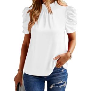 imageBTFBM Womens Summer Boho Shirt Top Ruffle Short Sleeve Frill Trim Mock Neck Floral Solid 2025 Casual Blouses Shirts TopsWhite