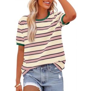 imageBTFBM Womens Summer Tops 2025 Crewneck Short Sleeve Striped T Shirts Casual Loose Lightweight Color Block Basic TeePink Apricot