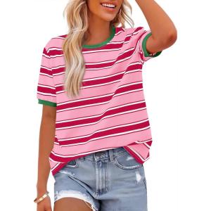 imageBTFBM Womens Summer Tops 2025 Crewneck Short Sleeve Striped T Shirts Casual Loose Lightweight Color Block Basic TeePink Rose Red