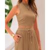 imageBTFBM Women Summer 2 Piece Outfits 2025 Beach Crew Neck Sleeveless Cropped Top Elastic Waist Wide Leg Pants Lounge SetCamel