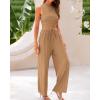 imageBTFBM Women Summer 2 Piece Outfits 2025 Beach Crew Neck Sleeveless Cropped Top Elastic Waist Wide Leg Pants Lounge SetCamel