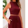 imageBTFBM Women Summer 2 Piece Outfits 2025 Beach Crew Neck Sleeveless Cropped Top Elastic Waist Wide Leg Pants Lounge SetWine Red