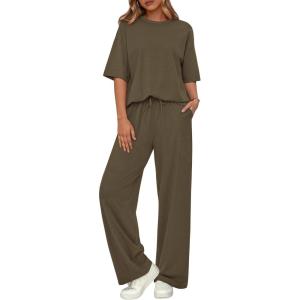 imageBTFBM 2 Piece Sets For Women Summer Short Sleeve Top Wide Leg Pants Casual Airport Travel Outfits Lounge Sets TracksuitsArmy Green