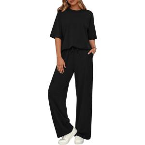imageBTFBM 2 Piece Sets For Women Summer Short Sleeve Top Wide Leg Pants Casual Airport Travel Outfits Lounge Sets TracksuitsBlack