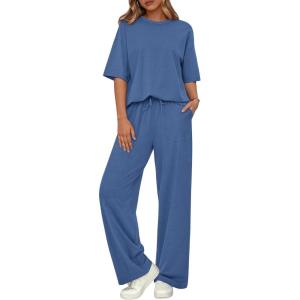 imageBTFBM 2 Piece Sets For Women Summer Short Sleeve Top Wide Leg Pants Casual Airport Travel Outfits Lounge Sets TracksuitsBlue