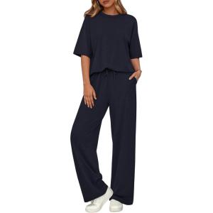 imageBTFBM 2 Piece Sets For Women Summer Short Sleeve Top Wide Leg Pants Casual Airport Travel Outfits Lounge Sets TracksuitsNavy