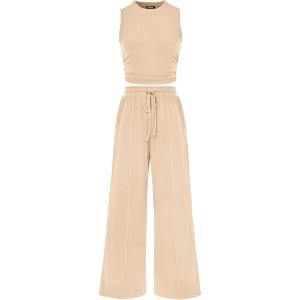 imageBTFBM Women Summer 2 Piece Outfits 2025 Beach Crew Neck Sleeveless Cropped Top Elastic Waist Wide Leg Pants Lounge SetApricot