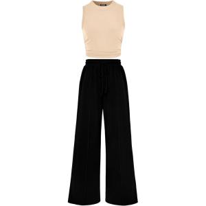 imageBTFBM Women Summer 2 Piece Outfits 2025 Beach Crew Neck Sleeveless Cropped Top Elastic Waist Wide Leg Pants Lounge SetApricot Black