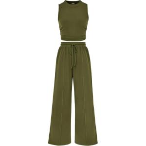 imageBTFBM Women Summer 2 Piece Outfits 2025 Beach Crew Neck Sleeveless Cropped Top Elastic Waist Wide Leg Pants Lounge SetArmy Green