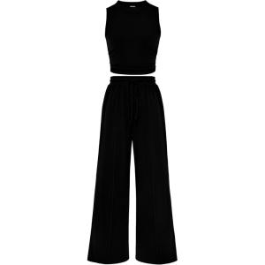imageBTFBM Women Summer 2 Piece Outfits 2025 Beach Crew Neck Sleeveless Cropped Top Elastic Waist Wide Leg Pants Lounge SetBlack