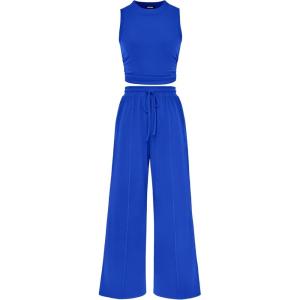 imageBTFBM Women Summer 2 Piece Outfits 2025 Beach Crew Neck Sleeveless Cropped Top Elastic Waist Wide Leg Pants Lounge SetBlue