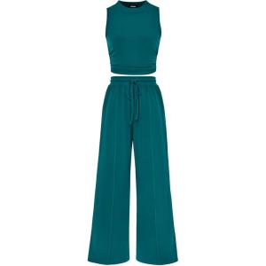 imageBTFBM Women Summer 2 Piece Outfits 2025 Beach Crew Neck Sleeveless Cropped Top Elastic Waist Wide Leg Pants Lounge SetBlue Green
