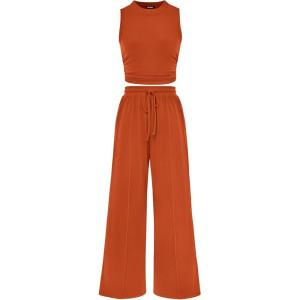 imageBTFBM Women Summer 2 Piece Outfits 2025 Beach Crew Neck Sleeveless Cropped Top Elastic Waist Wide Leg Pants Lounge SetBrick Red