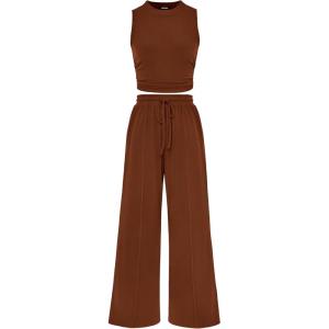 imageBTFBM Women Summer 2 Piece Outfits 2025 Beach Crew Neck Sleeveless Cropped Top Elastic Waist Wide Leg Pants Lounge SetBrown