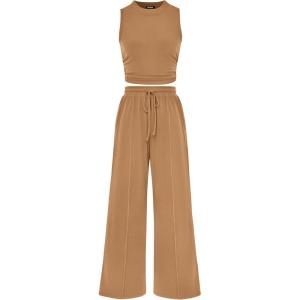 imageBTFBM Women Summer 2 Piece Outfits 2025 Beach Crew Neck Sleeveless Cropped Top Elastic Waist Wide Leg Pants Lounge SetCamel