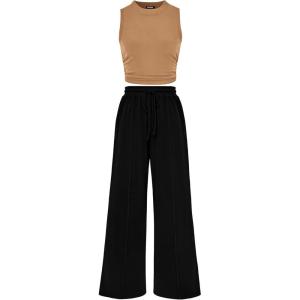 imageBTFBM Women Summer 2 Piece Outfits 2025 Beach Crew Neck Sleeveless Cropped Top Elastic Waist Wide Leg Pants Lounge SetCamel Black