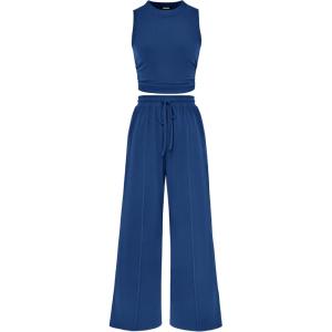 imageBTFBM Women Summer 2 Piece Outfits 2025 Beach Crew Neck Sleeveless Cropped Top Elastic Waist Wide Leg Pants Lounge SetDark Blue
