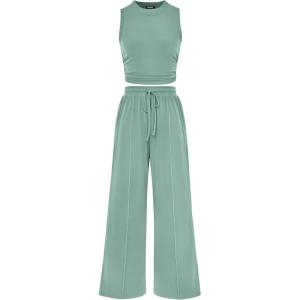 imageBTFBM Women Summer 2 Piece Outfits 2025 Beach Crew Neck Sleeveless Cropped Top Elastic Waist Wide Leg Pants Lounge SetFruit Green