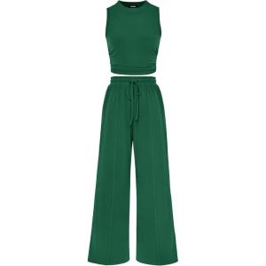 imageBTFBM Women Summer 2 Piece Outfits 2025 Beach Crew Neck Sleeveless Cropped Top Elastic Waist Wide Leg Pants Lounge SetGreen