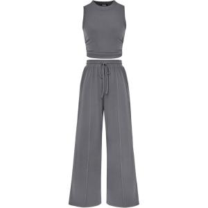 imageBTFBM Women Summer 2 Piece Outfits 2025 Beach Crew Neck Sleeveless Cropped Top Elastic Waist Wide Leg Pants Lounge SetGrey
