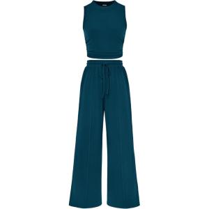 imageBTFBM Women Summer 2 Piece Outfits 2025 Beach Crew Neck Sleeveless Cropped Top Elastic Waist Wide Leg Pants Lounge SetLake Blue