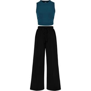 imageBTFBM Women Summer 2 Piece Outfits 2025 Beach Crew Neck Sleeveless Cropped Top Elastic Waist Wide Leg Pants Lounge SetLake Blue Black