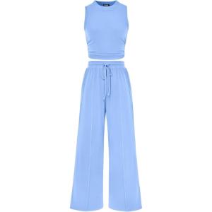 imageBTFBM Women Summer 2 Piece Outfits 2025 Beach Crew Neck Sleeveless Cropped Top Elastic Waist Wide Leg Pants Lounge SetLight Blue