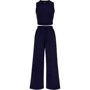 imageBTFBM Women Summer 2 Piece Outfits 2025 Beach Crew Neck Sleeveless Cropped Top Elastic Waist Wide Leg Pants Lounge SetNavy
