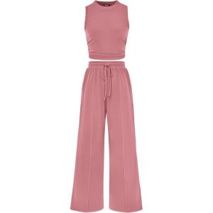 imageBTFBM Women Summer 2 Piece Outfits 2025 Beach Crew Neck Sleeveless Cropped Top Elastic Waist Wide Leg Pants Lounge SetPink