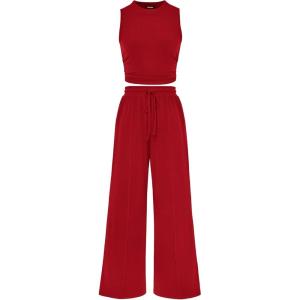 imageBTFBM Women Summer 2 Piece Outfits 2025 Beach Crew Neck Sleeveless Cropped Top Elastic Waist Wide Leg Pants Lounge SetRed