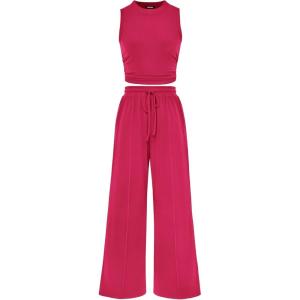 imageBTFBM Women Summer 2 Piece Outfits 2025 Beach Crew Neck Sleeveless Cropped Top Elastic Waist Wide Leg Pants Lounge SetRose Red