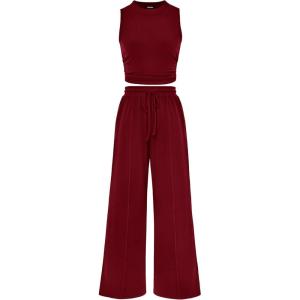 imageBTFBM Women Summer 2 Piece Outfits 2025 Beach Crew Neck Sleeveless Cropped Top Elastic Waist Wide Leg Pants Lounge SetWine Red