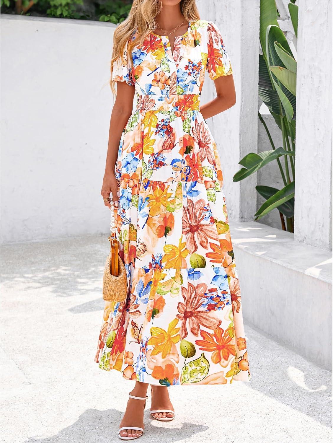 imageBTFBM Summer Dresses for Women 2025 Floral Casual Short Sleeve V Neck Elastic Waist Maxi Wedding Guest Dress PocketsFloral Multicolored