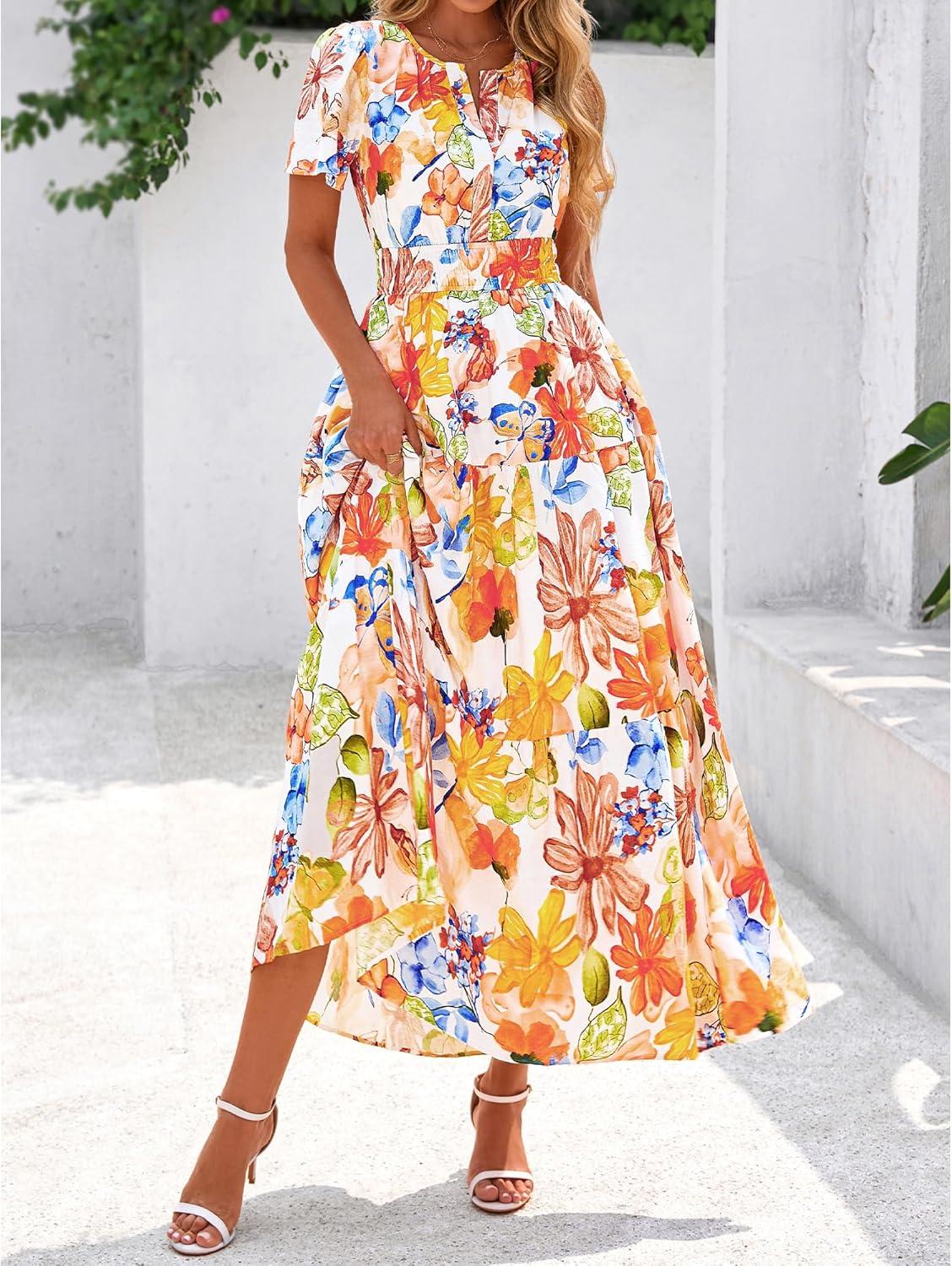 imageBTFBM Summer Dresses for Women 2025 Floral Casual Short Sleeve V Neck Elastic Waist Maxi Wedding Guest Dress PocketsFloral Multicolored