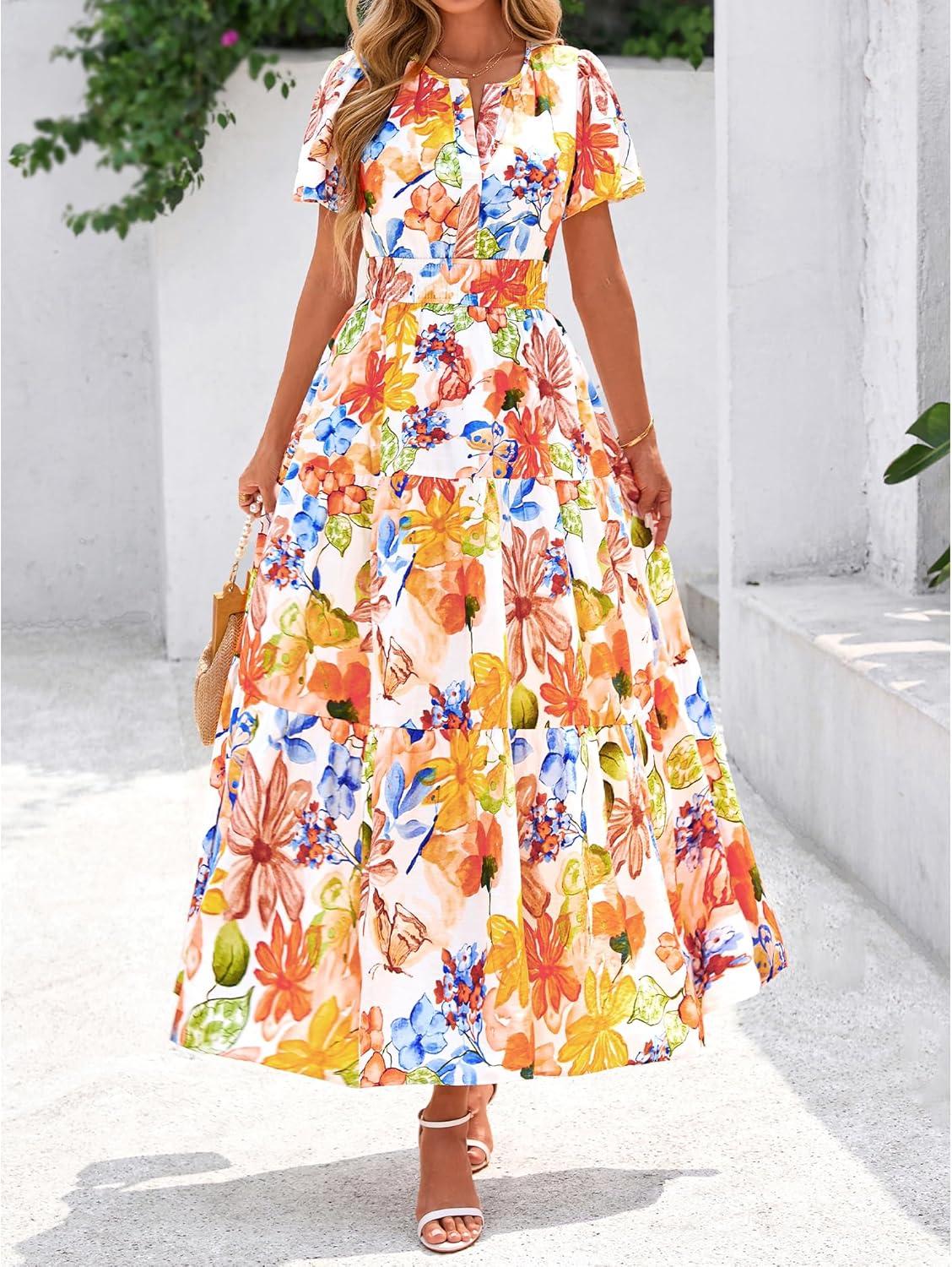 imageBTFBM Summer Dresses for Women 2025 Floral Casual Short Sleeve V Neck Elastic Waist Maxi Wedding Guest Dress PocketsFloral Multicolored