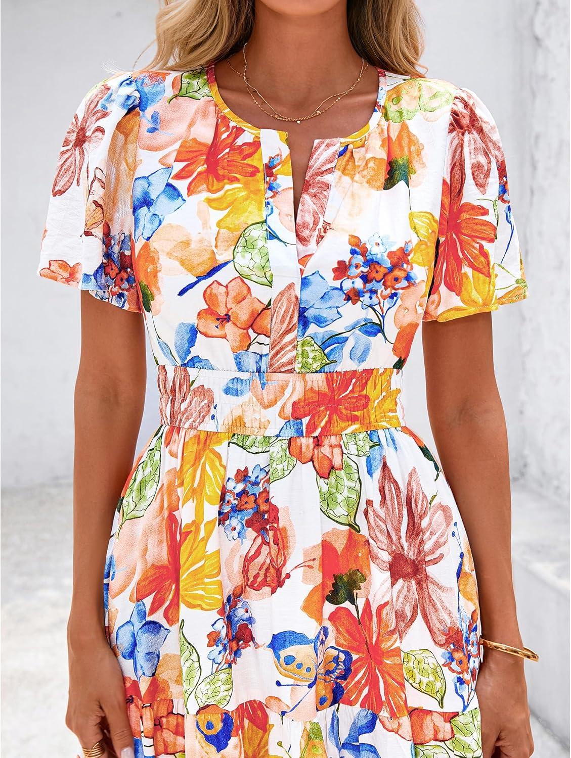 imageBTFBM Summer Dresses for Women 2025 Floral Casual Short Sleeve V Neck Elastic Waist Maxi Wedding Guest Dress PocketsFloral Multicolored