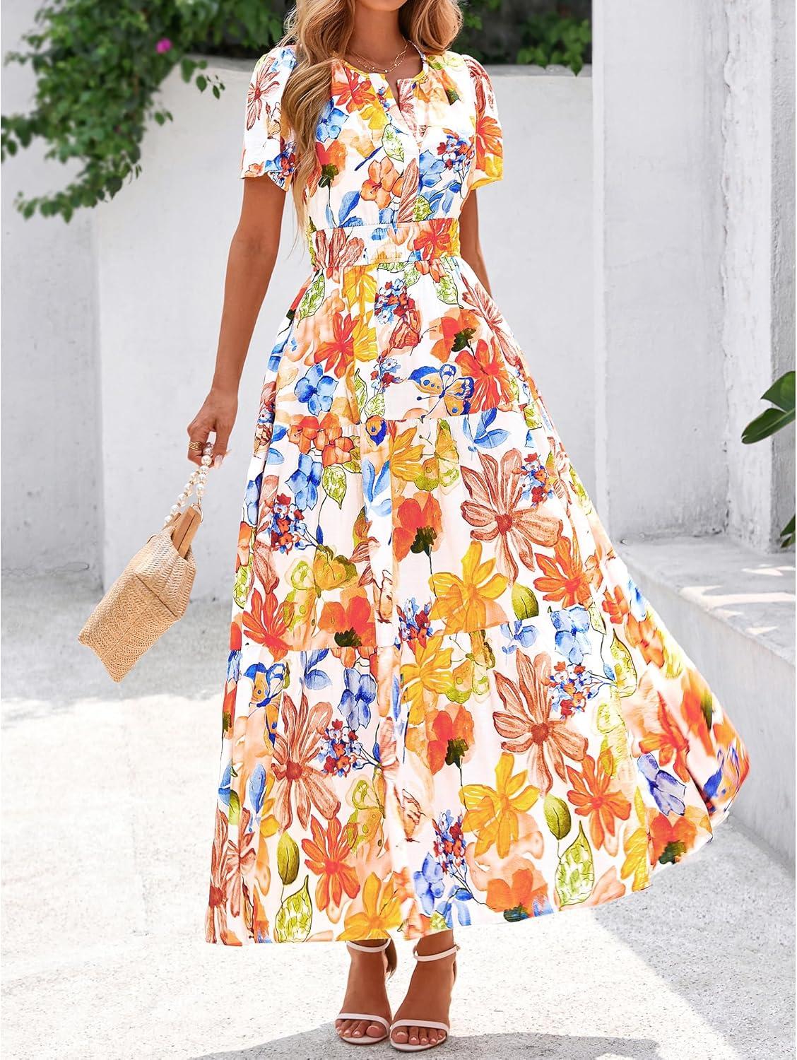 imageBTFBM Summer Dresses for Women 2025 Floral Casual Short Sleeve V Neck Elastic Waist Maxi Wedding Guest Dress PocketsFloral Multicolored