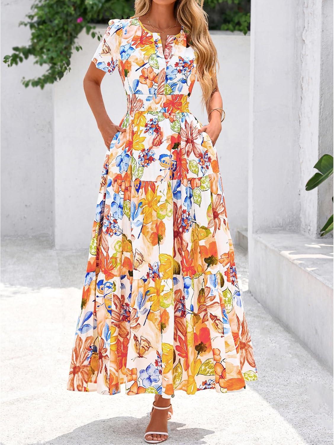 imageBTFBM Summer Dresses for Women 2025 Floral Casual Short Sleeve V Neck Elastic Waist Maxi Wedding Guest Dress PocketsFloral Multicolored