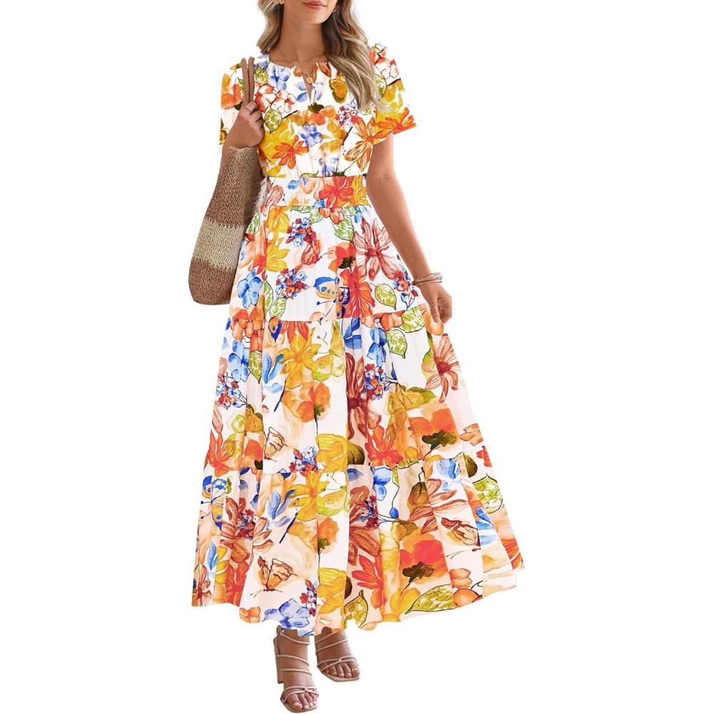 imageBTFBM Summer Dresses for Women 2025 Floral Casual Short Sleeve V Neck Elastic Waist Maxi Wedding Guest Dress PocketsFloral Multicolored