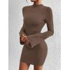 imageBTFBM Cocktail Dresses for Women 2025 Fall Fashion Bodycon Bell Long Sleeve Mock Neck Party Club Going Out Mini DressBrown