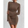 imageBTFBM Cocktail Dresses for Women 2025 Fall Fashion Bodycon Bell Long Sleeve Mock Neck Party Club Going Out Mini DressBrown