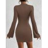 imageBTFBM Cocktail Dresses for Women 2025 Fall Fashion Bodycon Bell Long Sleeve Mock Neck Party Club Going Out Mini DressBrown
