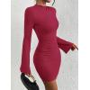 imageBTFBM Cocktail Dresses for Women 2025 Fall Fashion Bodycon Bell Long Sleeve Mock Neck Party Club Going Out Mini DressBurgundy