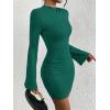 imageBTFBM Cocktail Dresses for Women 2025 Fall Fashion Bodycon Bell Long Sleeve Mock Neck Party Club Going Out Mini DressDark Green
