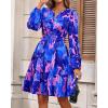 imageBTFBM Fall Dresses for Women 2025 V Neck Long Sleeve Elastic Waist Boho Beach Vacation Clothes Floral Mini Summer DressFlower Blue Pink