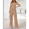 imageBTFBM Jumpsuits For Women Dressy Casual Fall Clothes 2025 Long Sleeve Knit Ruched Business Lounge Pants Rompers PocketsKhaki