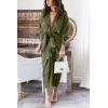 imageBTFBM Maxi Dresses for Women Fall 2025 Long Sleeve Lapel Neck Button Down Elegant Satin Belted Ruched Summer Shirt DressArmy Green