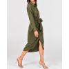 imageBTFBM Maxi Dresses for Women Fall 2025 Long Sleeve Lapel Neck Button Down Elegant Satin Belted Ruched Summer Shirt DressArmy Green